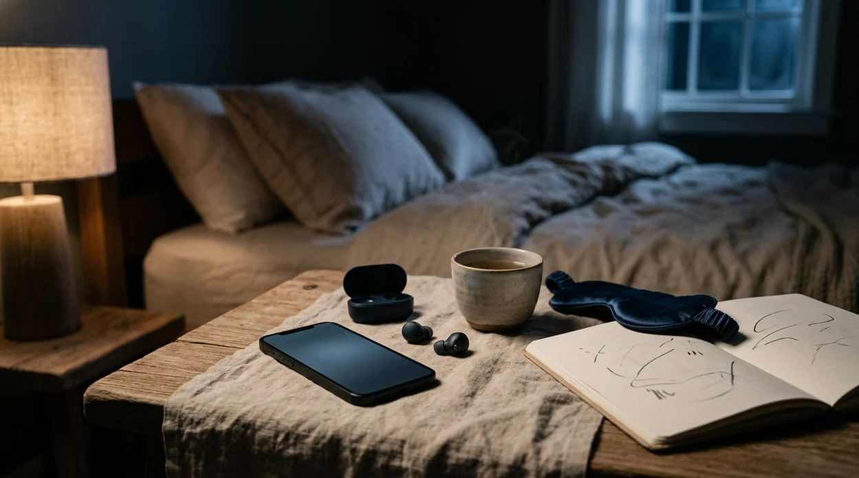 A bedside phone with sleep mask and phone on the nightstand.
