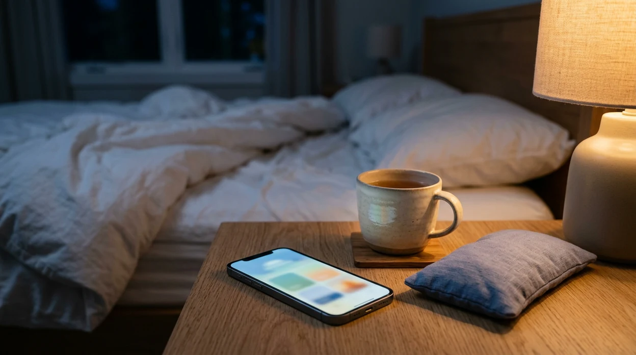 A softly lit bedside table shows a glowing phone, tea, and sleep accessories for a calm meditation routine.