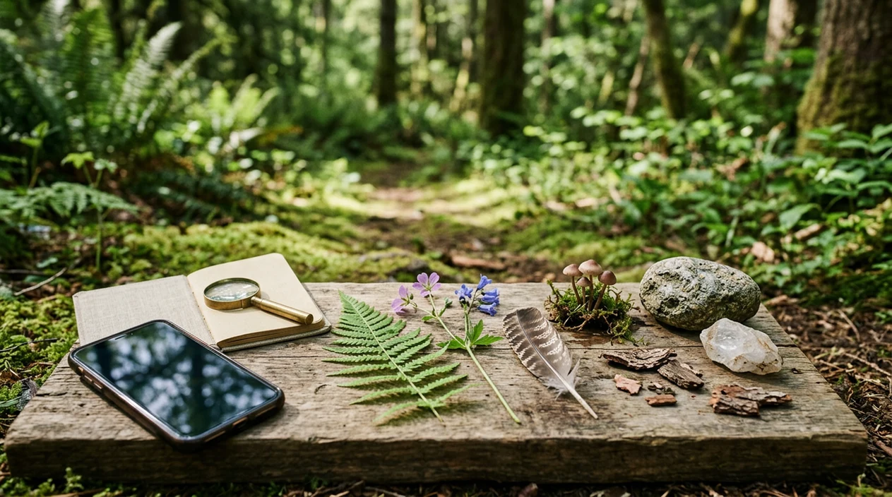 Nature finds, a dark smartphone, hand lens, and notebook arranged on a calm woodland path.