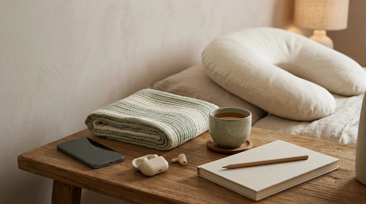 A calm bedside setup with speaker and dim light on the bedside table.