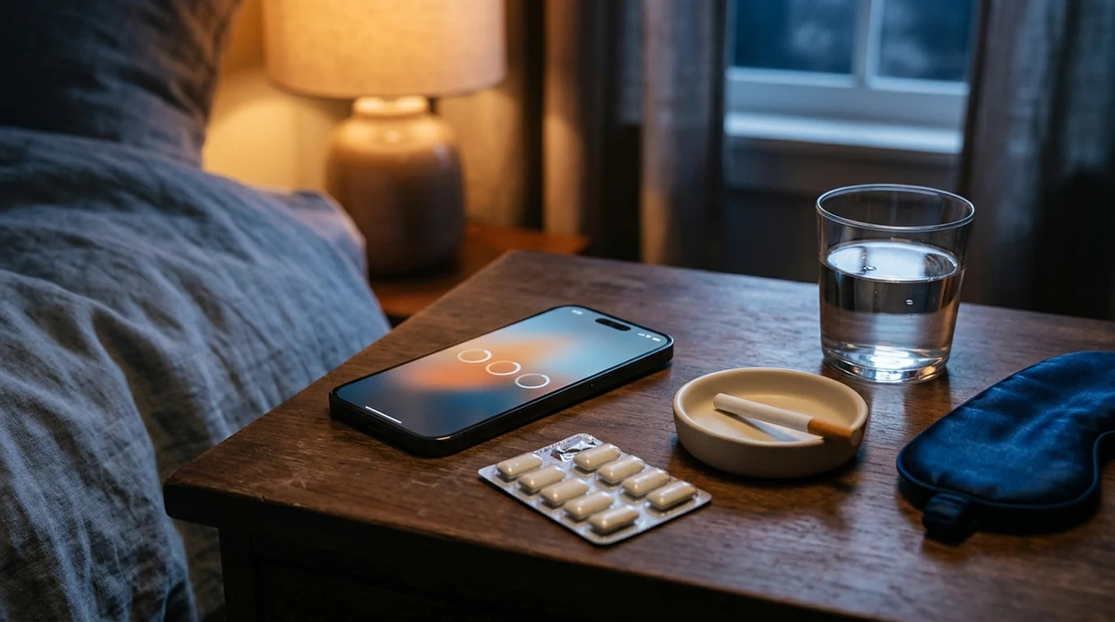 A bedside still life shows a phone, nicotine gum, water, and an unlit cigarette in soft night lighting.