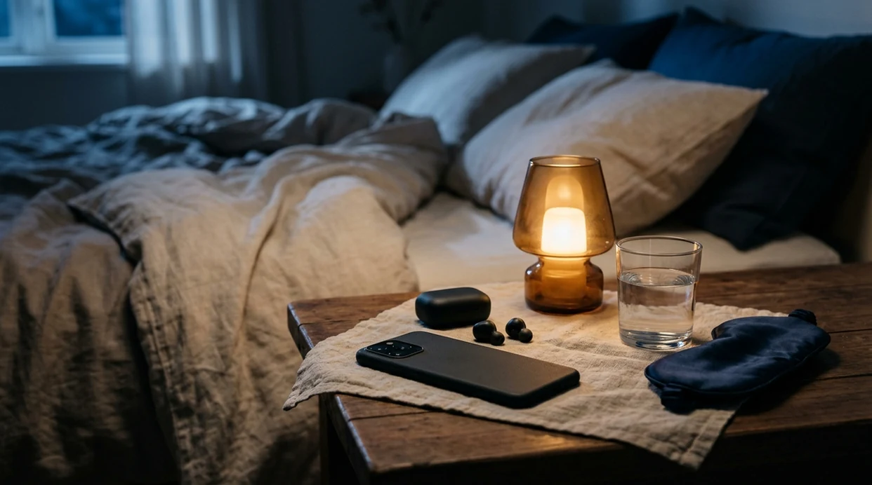 A calm bedside table with a face-down phone, earbuds, lamp, water, and sleep mask at night.