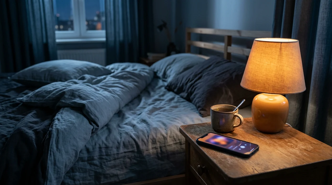 A quiet bedside setup with a dim lamp, tea, and a phone ready for guided sleep audio.