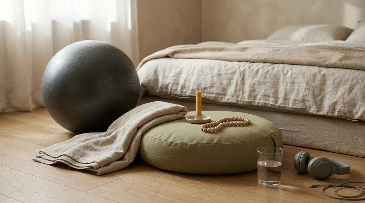 A calm prenatal breathing practice space with a birthing ball, cushion, headphones, and water.