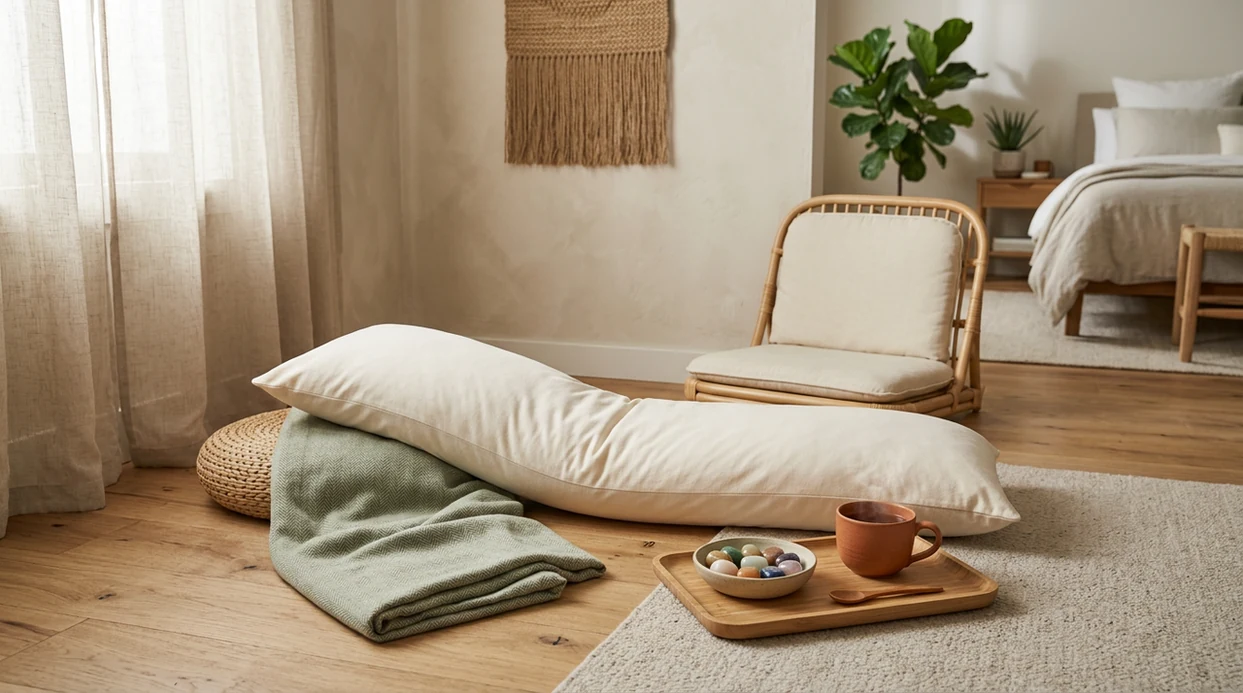 A calm bedroom relaxation setup with pillows, blanket, tea, and muted chakra-colored stones.