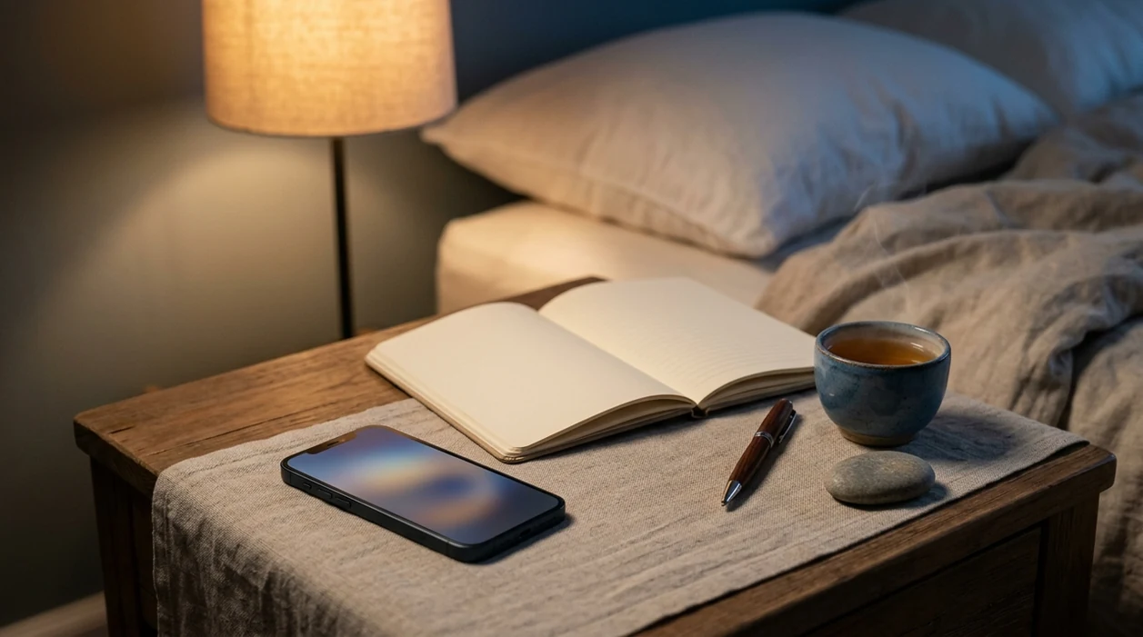 A calm bedside still life shows a phone, blank journal, tea, and worry stone in soft night lighting.