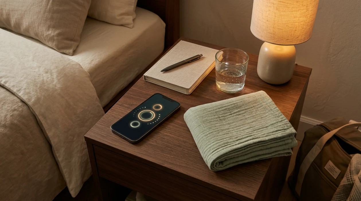 A phone on a calm nightstand beside labor notes, water, and a packed hospital bag.