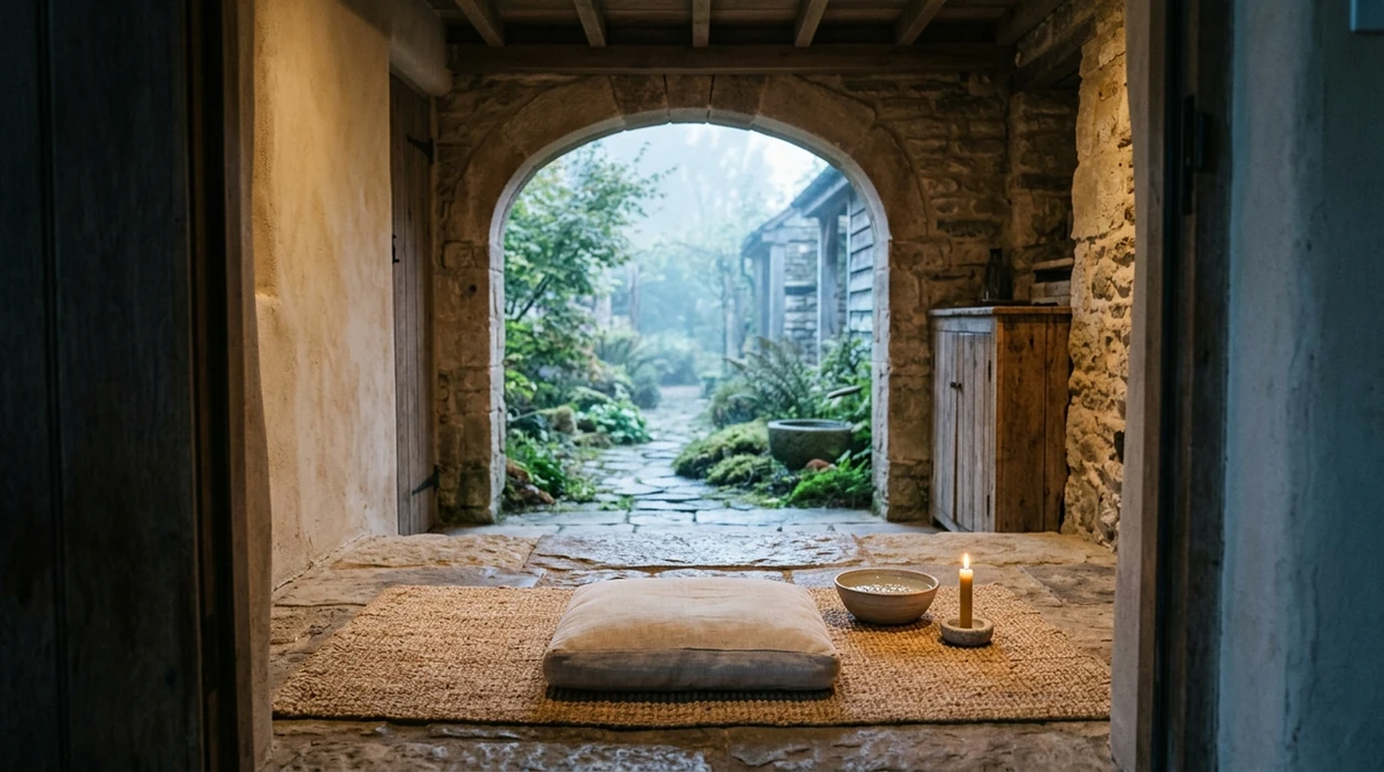 A quiet stone meditation sanctuary with a cushion, candle, water bowl, and garden beyond an arched doorway.
