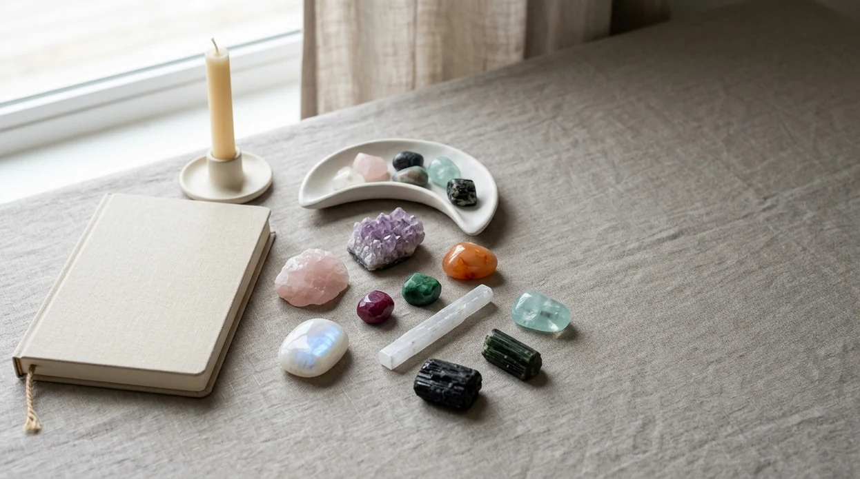 A calm still life of Cancer zodiac crystals with a candle, journal, and crescent dish on soft linen.