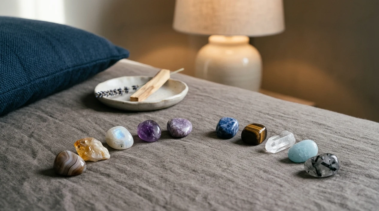 Ten Gemini-associated crystals arranged on linen beside calm meditation and sleep ritual objects.
