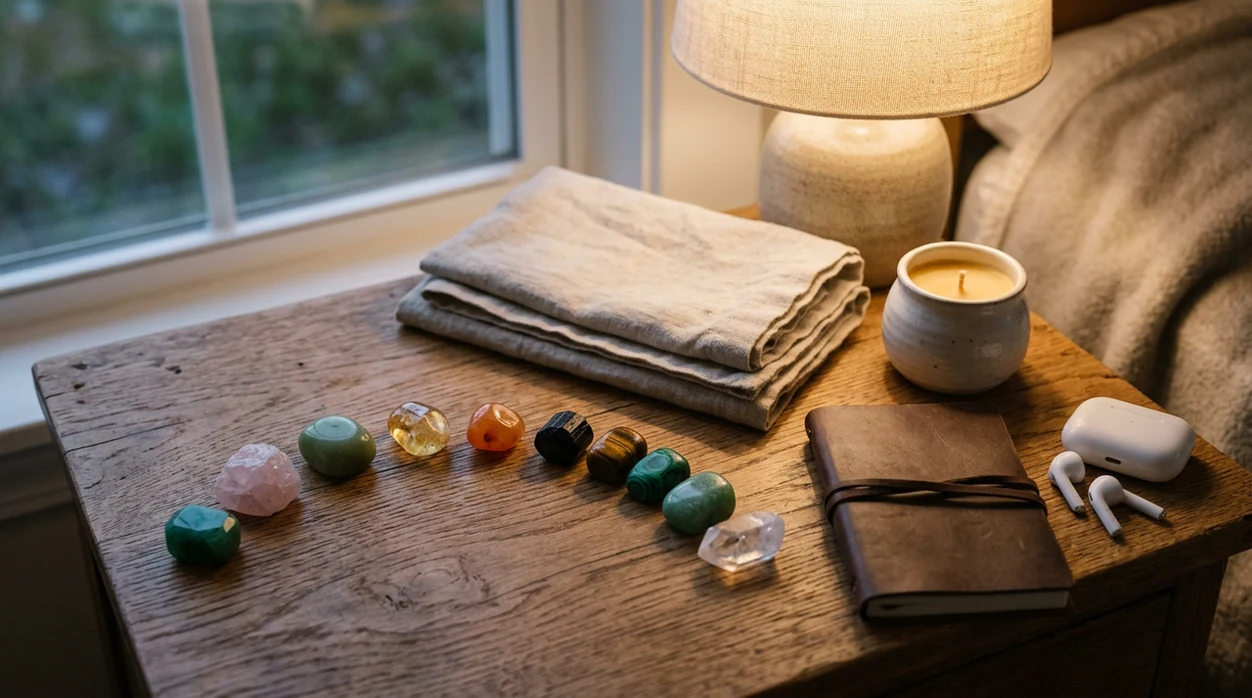 A calming bedside still life with Taurus crystals, sleep mask and phone on the nightstand.
