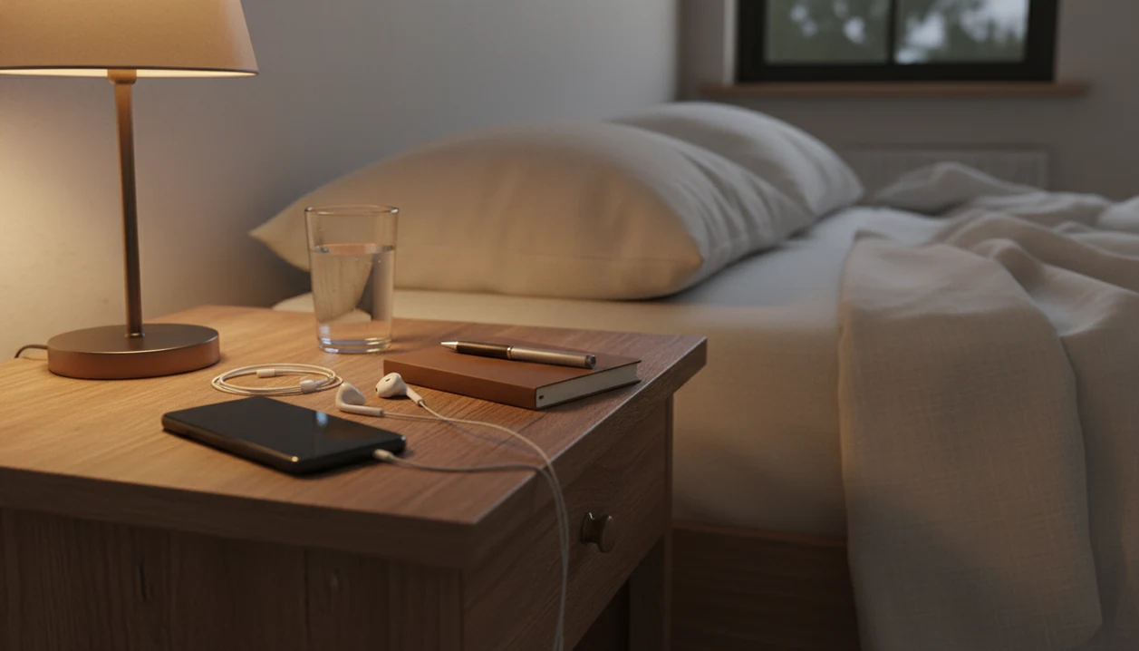 A dim bedside setup with a locked phone, bedside phone with a downloaded calm track.
