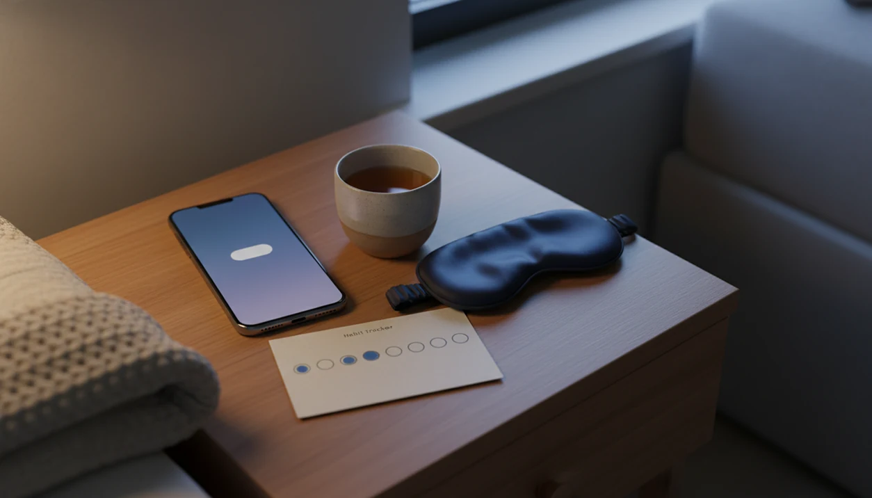 A calm bedside setup shows a phone, tea, sleep mask, and a gentle habit card with one skipped dot.