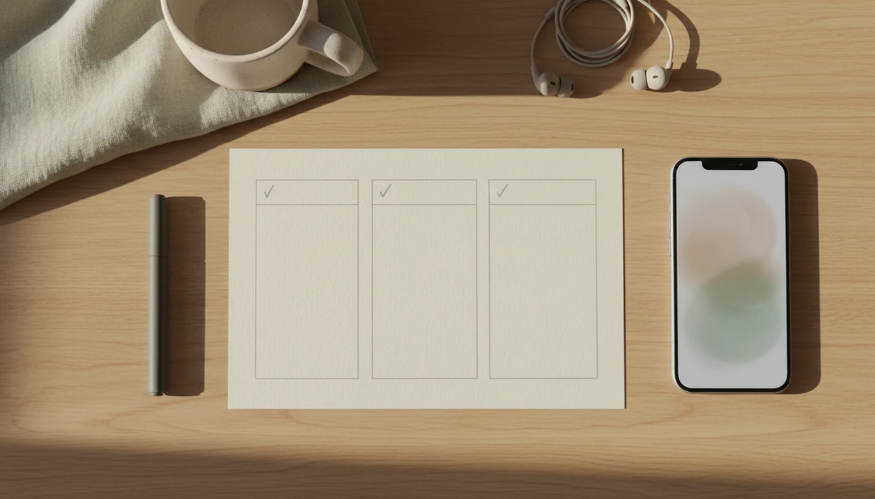 A simple paper mindfulness tracker sits beside a phone, pen, and low light, blanket, and phone for guided audio.