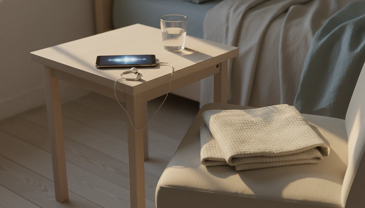 A bedside table with a phone, phone on the nightstand with sleep audio ready.