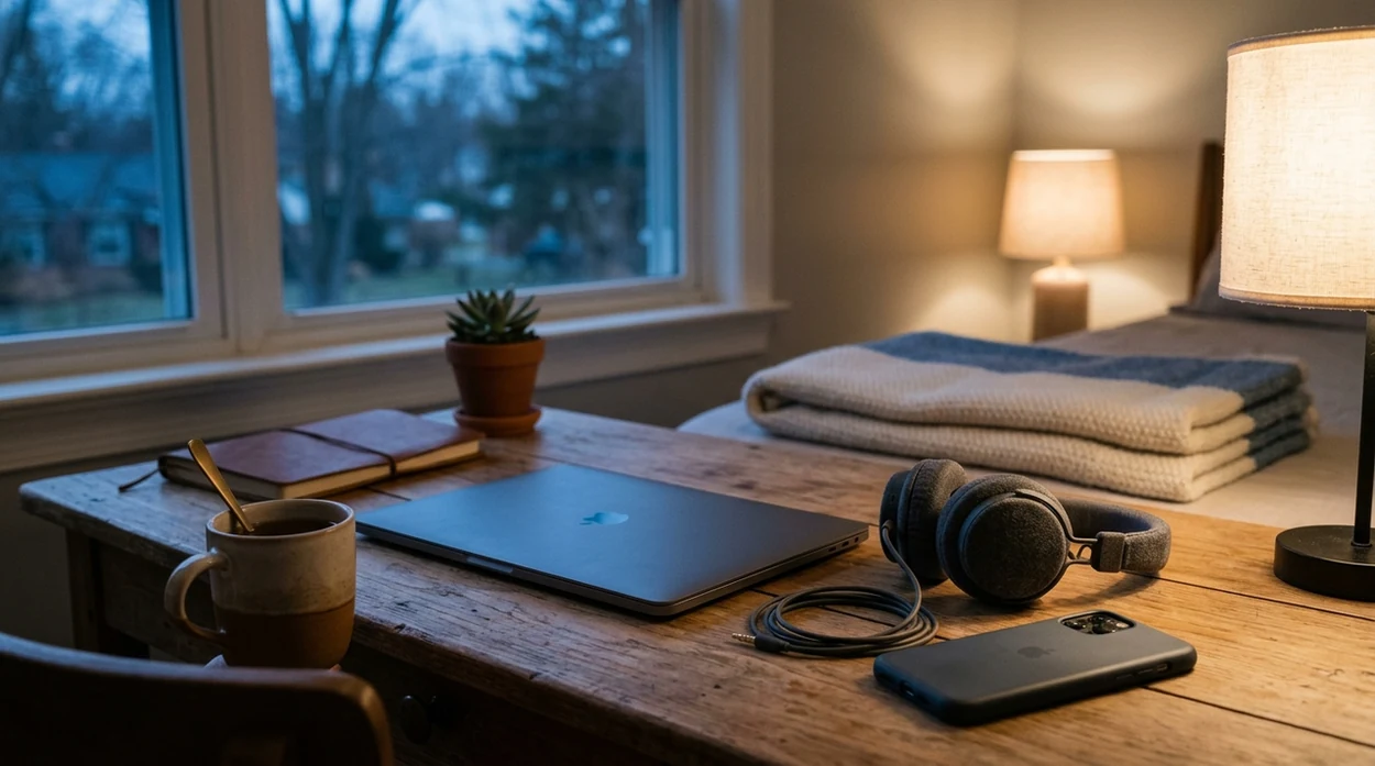 A quiet desk with headphones, a closed laptop, tea, and soft light suggesting calm after rejection.