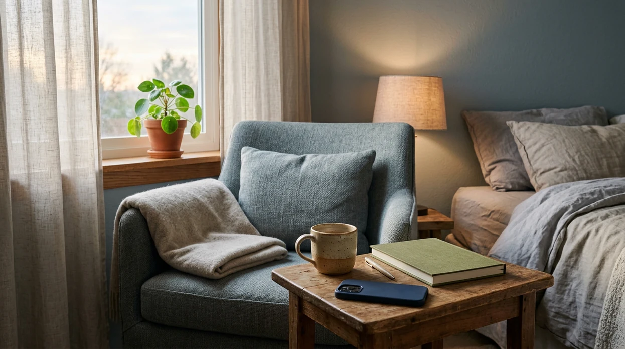A quiet bedroom chair with a blanket, mug, notebook, plant, and face-down phone in soft morning light.