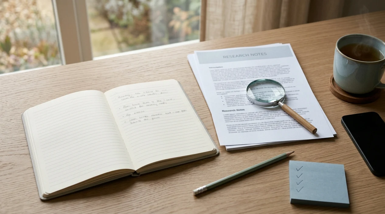 A calm desk still life shows research papers, a notebook, magnifying glass, pencil, tea, and a face-down phone.