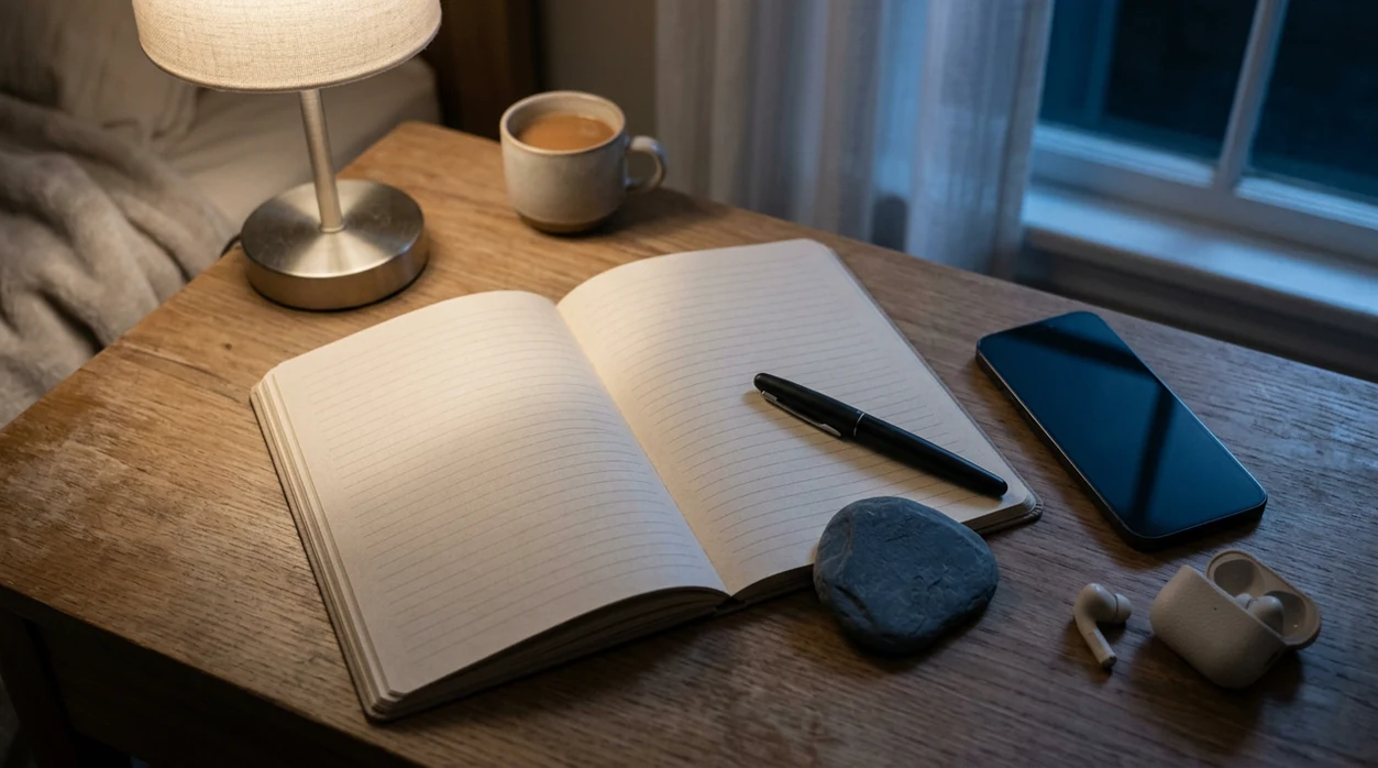 A blank journal, pen, stone, and face-down phone sit on a softly lit bedside desk at night.