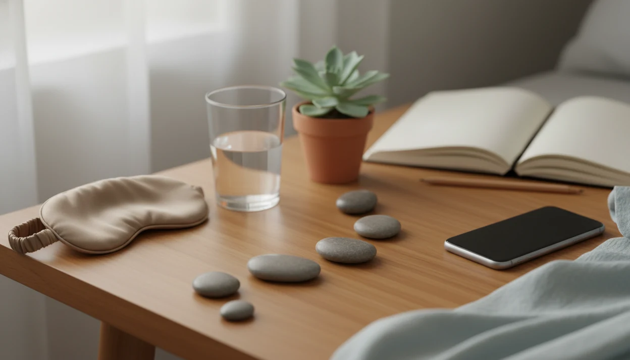 Five smooth stones form a calm mindfulness path on a bedside table with sleep and focus objects nearby.