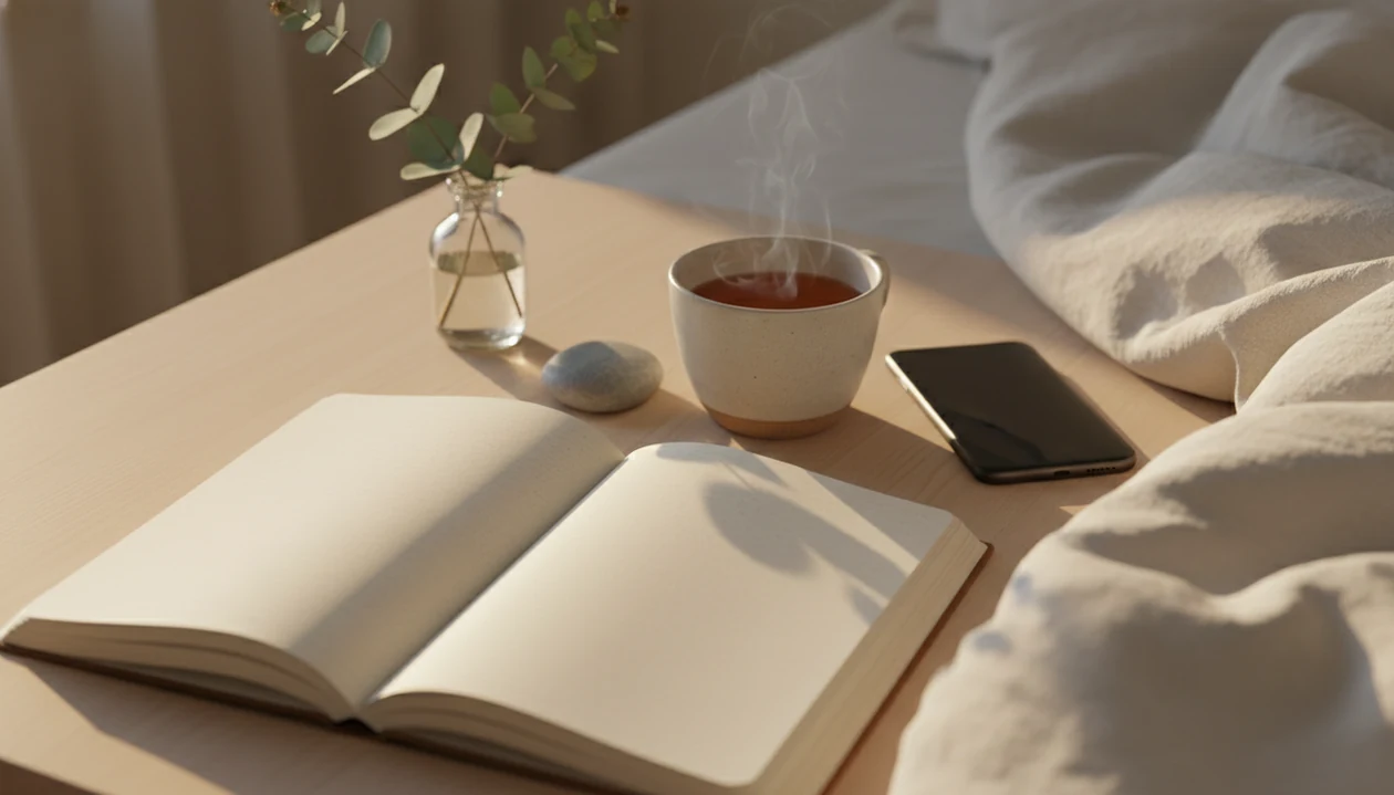 A calm morning still life with a journal, tea, greenery, and soft sunlight on a bedside table.