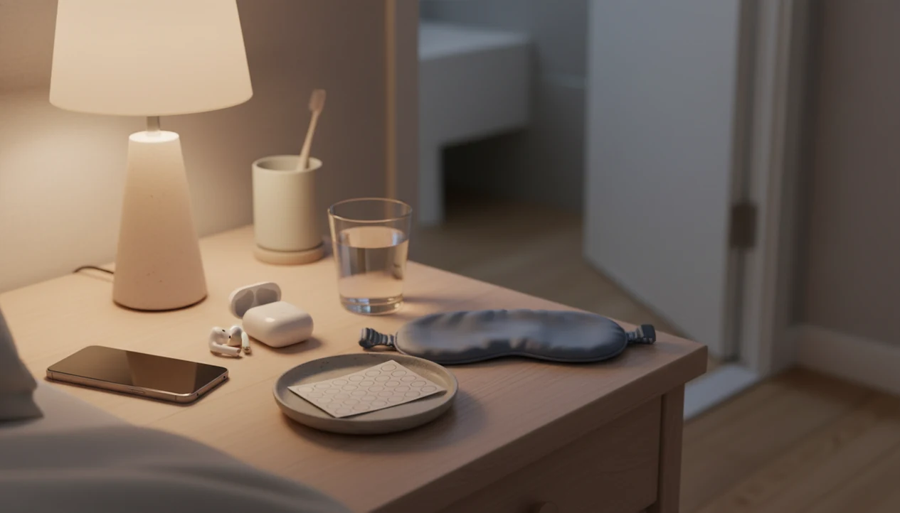 A calm bedside routine setup with a lamp, phone, soft lamp and phone beside the bed.