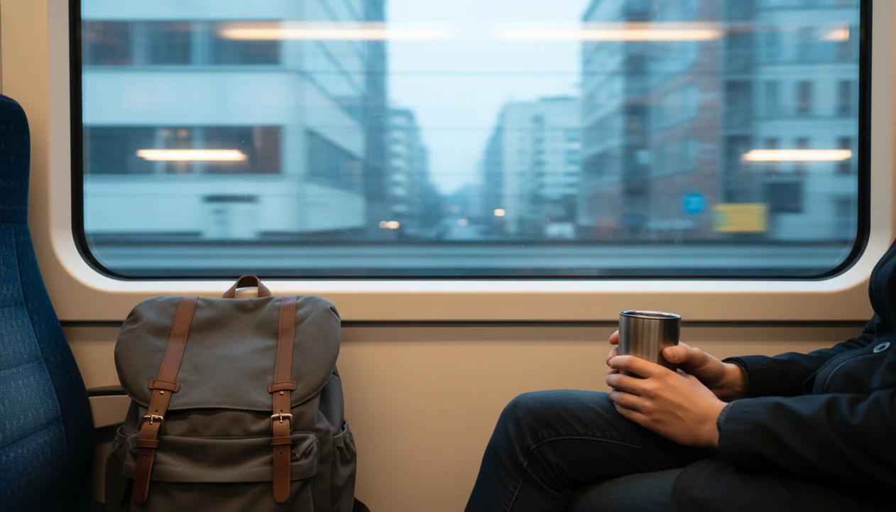 A calm train commute scene with blurred city lights outside and a commuter’s hands resting quietly.