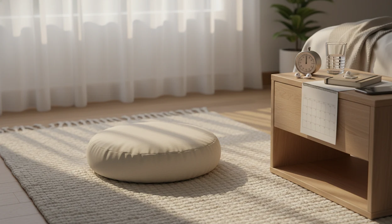 A calm meditation setup with a cushion, timer, speaker and dim light on the bedside table.