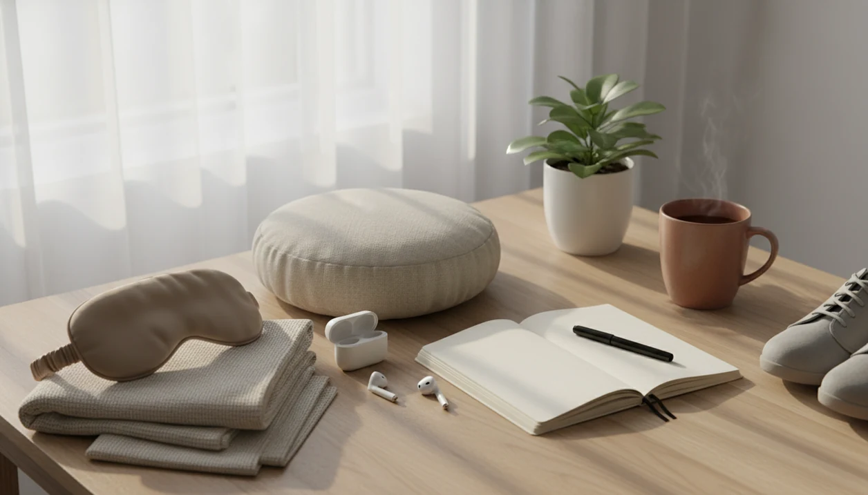A calm sunrise still life shows sleep, meditation, movement, gratitude, and connection habits.
