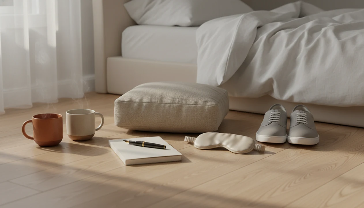 A calm still life shows objects representing meditation, movement, sleep, gratitude, and connection.