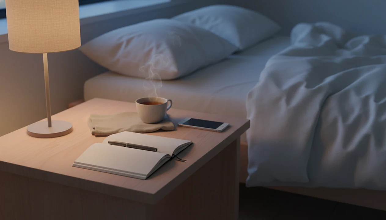 A calm bedside table with a blank notebook, face-down phone, tea, and soft evening light.