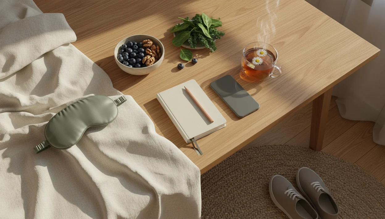 A calm bedside still life shows sleep, food, movement, journaling, and meditation cues for brain health.