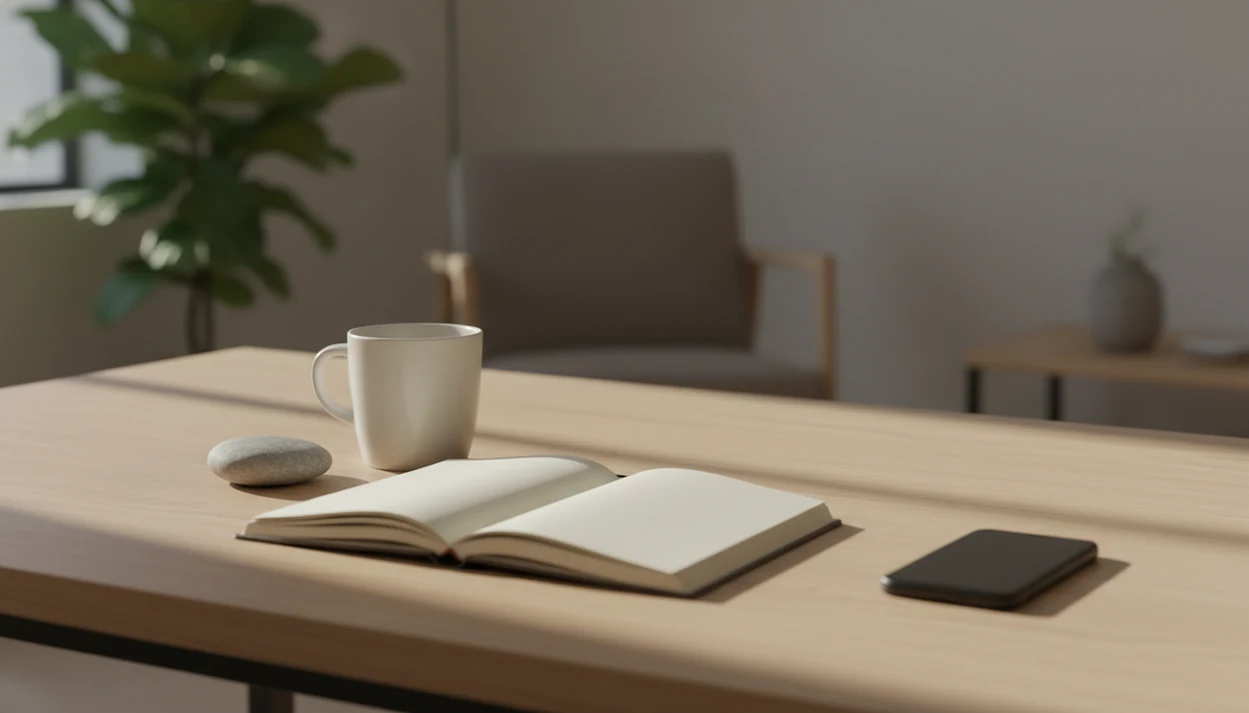 A quiet desk scene with a face-down phone, blank notebook, mug, and grounding stone in soft light.