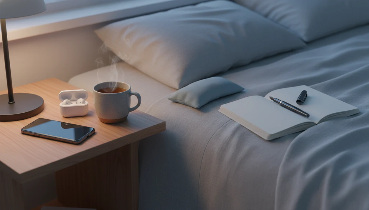 A calm bedside setup with tea, sleep mask and phone on the nightstand.