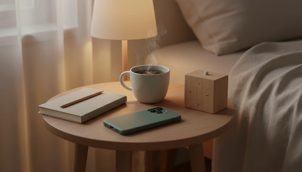 A phone rests face down beside a notebook, tea, and timer in a calm evening bedroom setting.