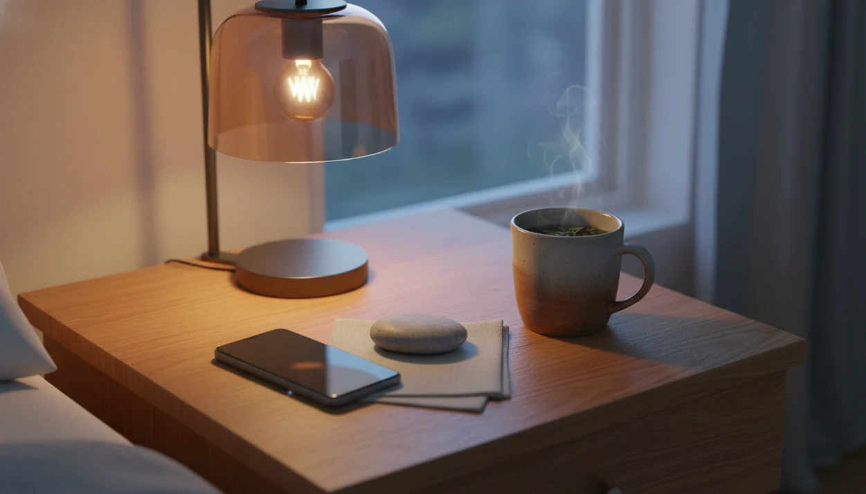A phone rests face down beside a smooth stone, tea, and soft bedside light for a mindful pause.