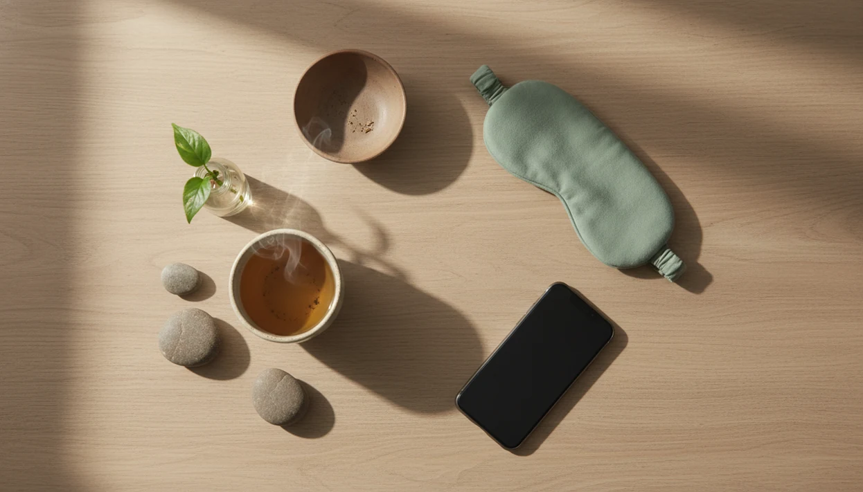 A calm tabletop still life shows habit cues interrupted by tea, stones, and a plant as mindful replacements.
