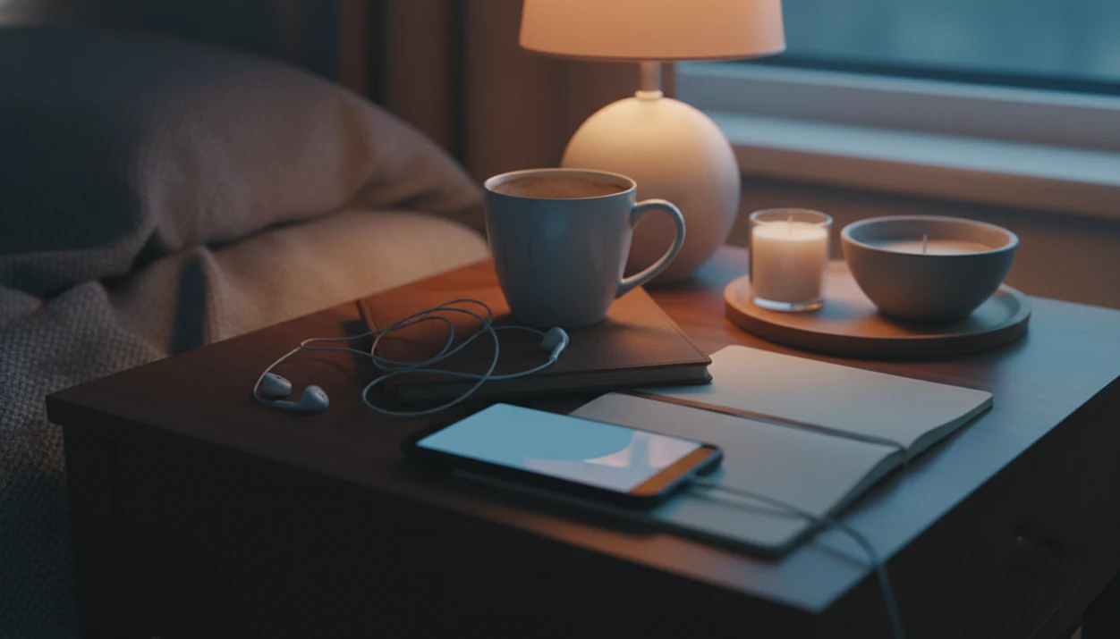 A cluttered bedside table at night suggests stress habits like scrolling, caffeine, and poor sleep routines.