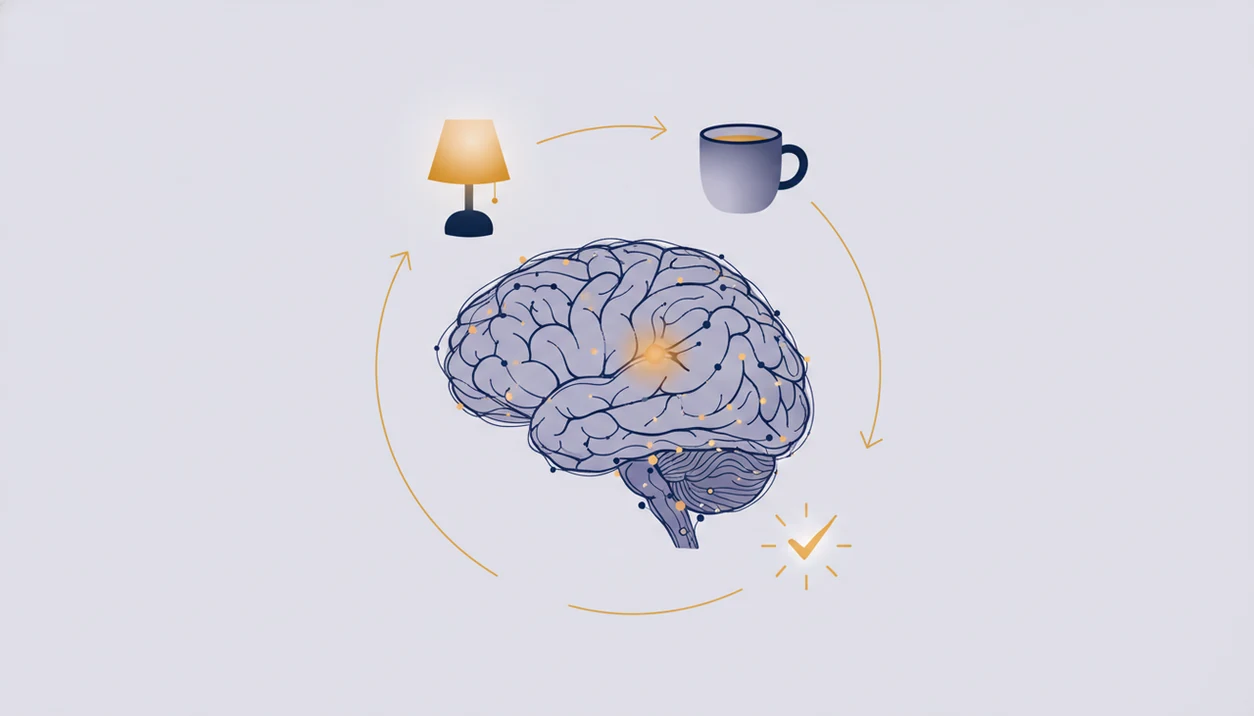 A calm brain illustration shows neural pathways and a cue-routine-reward loop forming a habit.