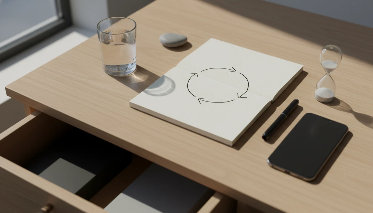 A notebook with a simple habit loop sketch sits beside a timer, phone, water glass, and calming stone.