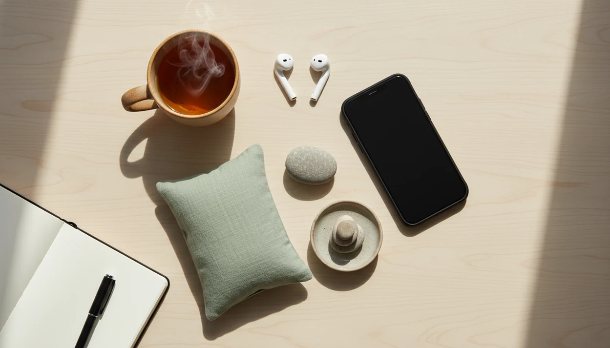 A calm flat lay of daily routine objects arranged to suggest a simple mindfulness habit.