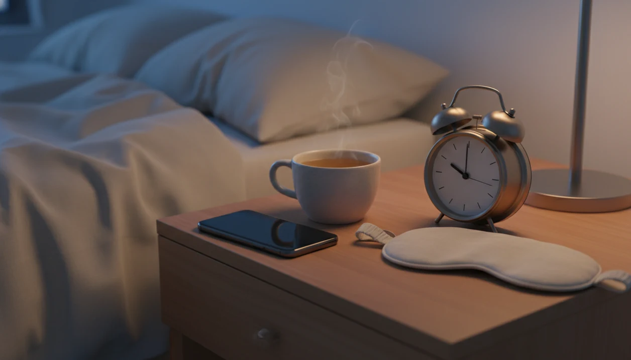 A face-down smartphone rests on a bedside table with tea, a sleep mask, and an alarm clock.