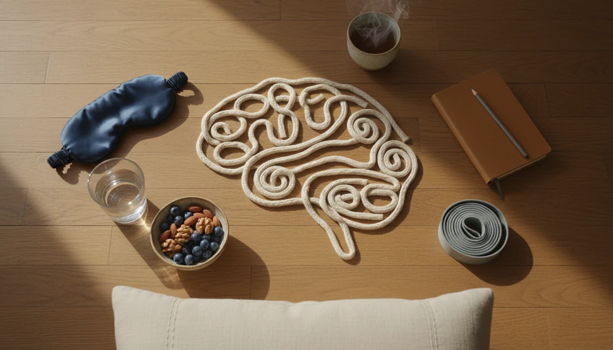 A calm flat lay of sleep, movement, food, learning, and mindfulness objects arranged around a brain outline.