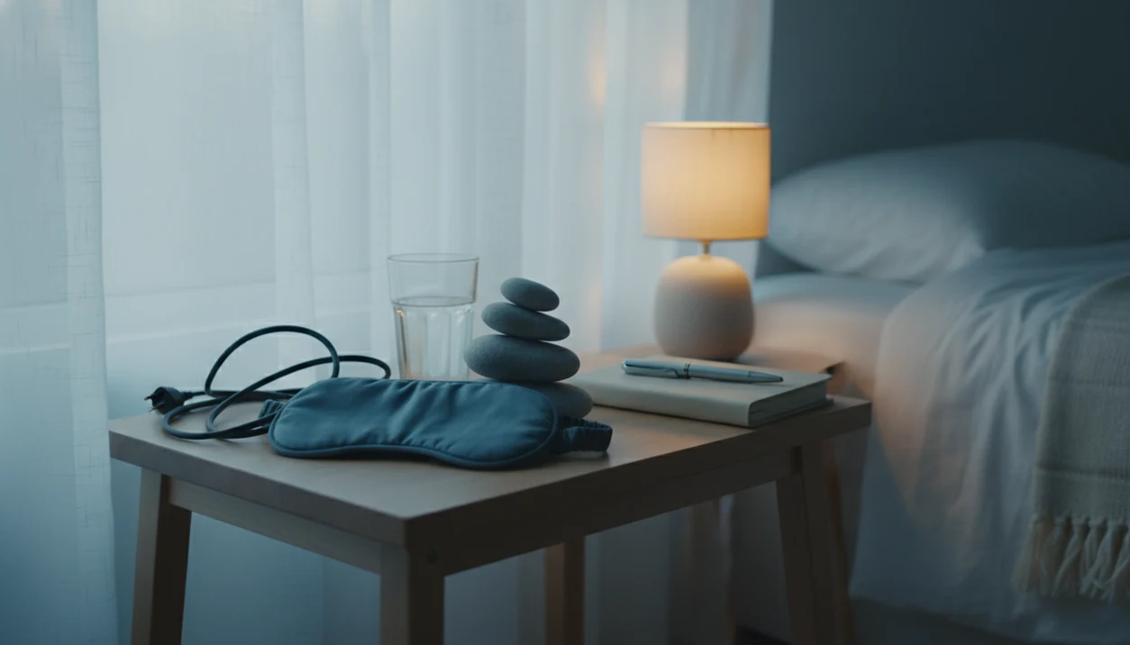 A quiet bedside still life uses simple objects to suggest stress, poor sleep, anxiety, and recovery.
