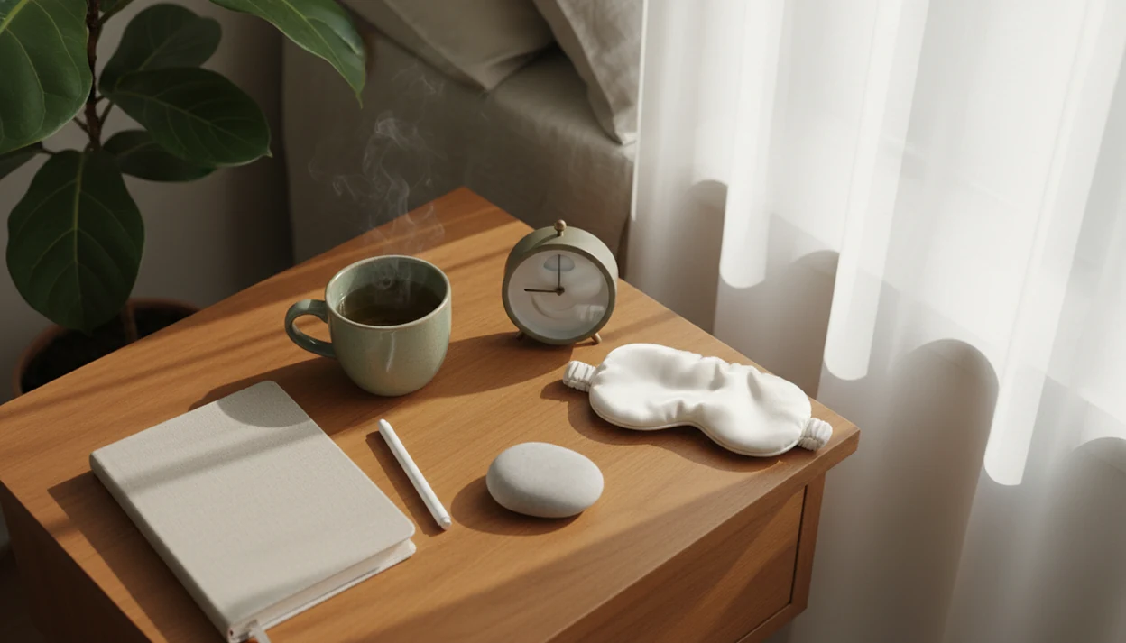 A calm bedside still life shows small daily habits for sleep, mindfulness, gratitude, and morning ease.