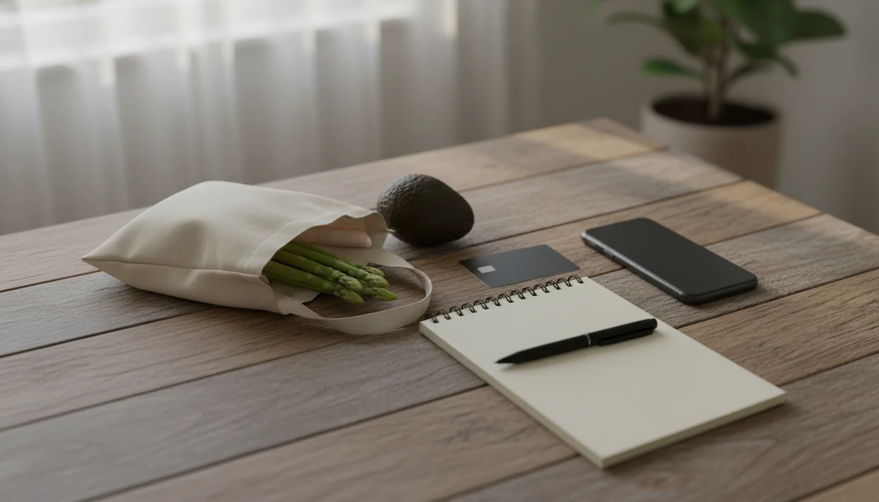 A calm tabletop scene shows a shopping bag, blank list, face-down card, and phone set aside before buying.