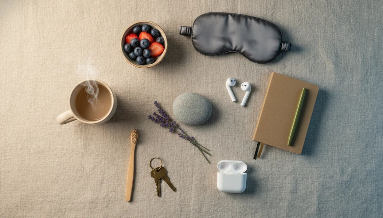 Everyday objects arranged around a calming stone to suggest mindful moments from morning to bedtime.