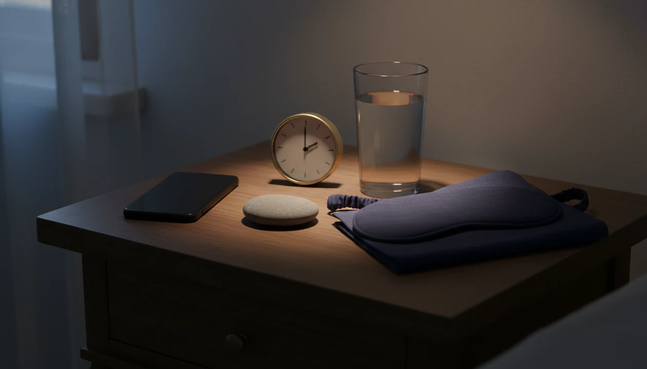 A quiet bedside still life shows a phone, clock, water, and stone symbolizing a mindful pause.