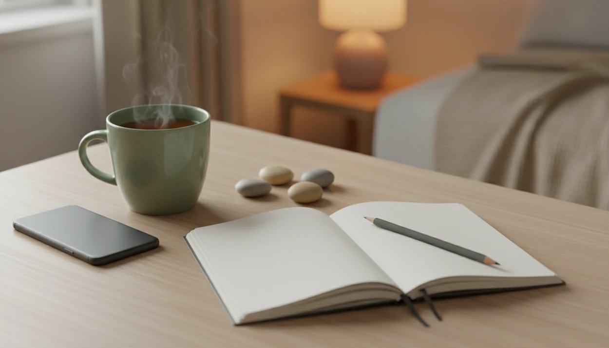 A quiet desk scene shows a face-down phone, blank notebook, tea, and pebbles arranged for a calm reset.