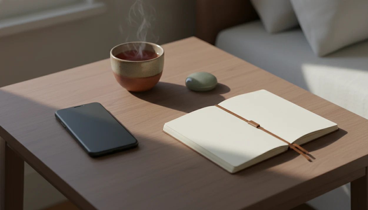 A calm bedside still life shows a phone, tea, notebook, and stone arranged with a mindful pause between them.